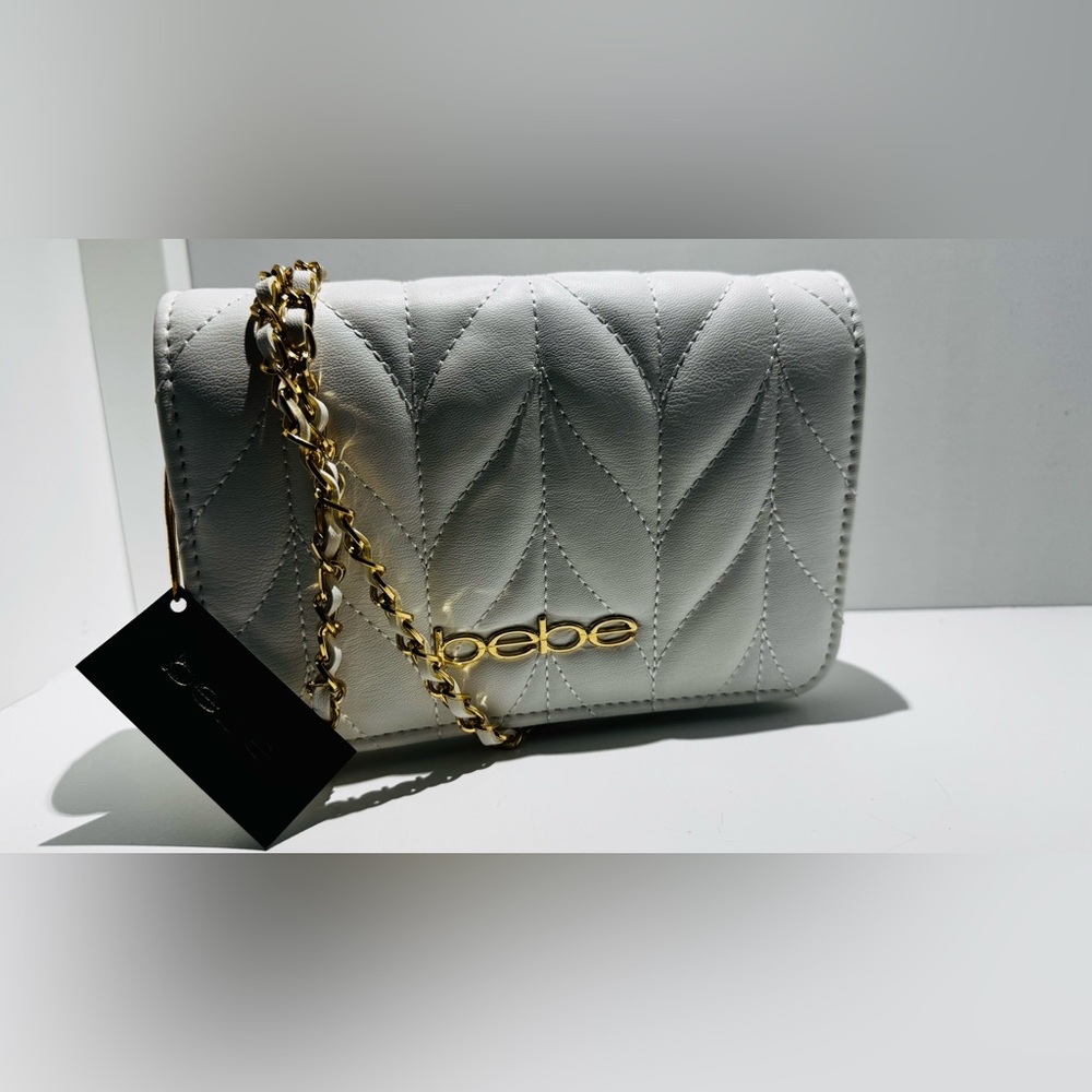 Bebe White Quilted Crossbody Bag with Gold Chain